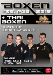 Erster BOX Kampf 2016 um die Baden-Württembergische Mannschaftsmeisterschaft am Samstag 06. Februar 16 ab 14 Uhr in Walldorf - mit im Boxring: Trainer Alain Charlemoine, 6 Thaiboxer und Jenny Müller - Thaiboxerin