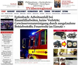 Epfenbach: Arbeitsunfall bei Baumfällarbeiten, keine Verletzte; Gewässerverunreinigung durch ausgelaufene Betriebsstoffe; Feuerwehr im Einsatz