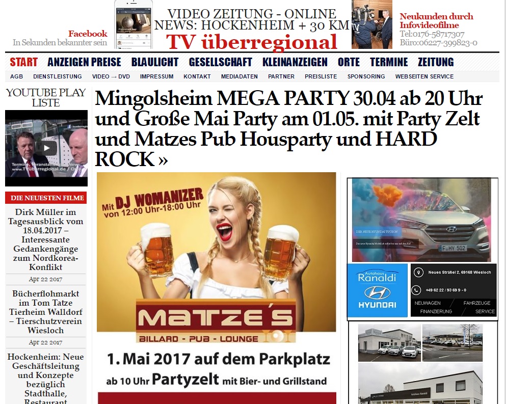 Mingolsheim MEGA PARTY 30.04 ab 20 Uhr und Große Mai Party am 01.05. mit Party Zelt und Matzes Pub Housparty und HARD ROCK