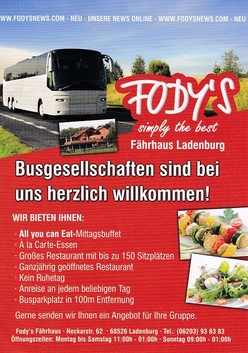 UNANGEMELDETE Busgesellschaften sind im Restaurant Fody´s Fährhaus in Ladenburg herzlich willkommen