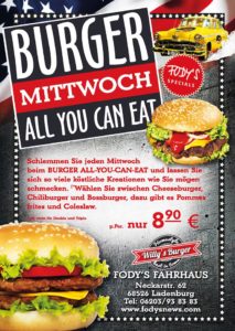 BURGER-MITTWOCH: Restaurant Fodys Fährhaus Ladenburg, Burger Flatrate, ALL YOU CAN EAT