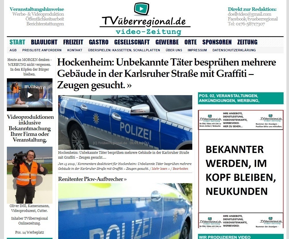 Polizei Hockenheim, Unbekannte Täter besprühen mehrere Gebäude in der Karlsruher Straße mit Graffiti – Zeugen gesucht, TVüberregional, Onlinezeitung,