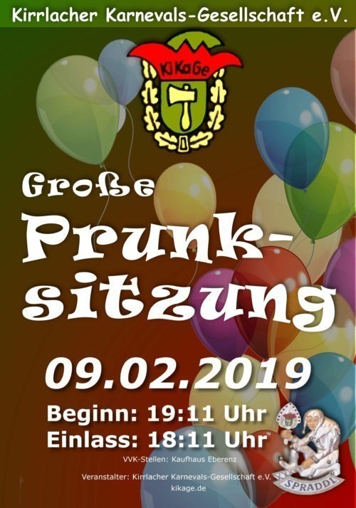 Prunksitzung Ankündigung Kirrlacher Karnevals Gesellschaft 09.02.19 ab 19 Uhr