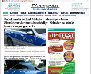 Unbekannter verliert Metallauffahrrampe – beim Überfahren vier Autos beschädigt – Schaden ca. 10.000 Euro – Zeugen gesucht , tvueberregional, oliver döll