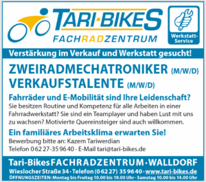 Tari-Bikes FACHRADZENTRUM, WALLDORF, Verstärkung im Verkauf und Werkstatt gesucht