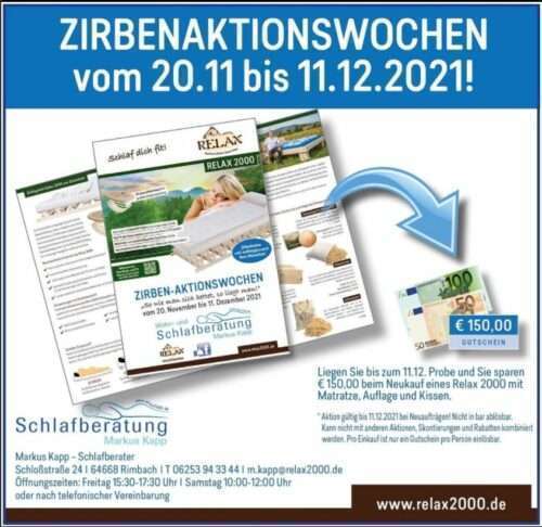 Relax2000, Markus Kapp, Vom 20. November bis zum 11. Dezember 2021 bieten wir Ihnen in diesem Jahr die letzten ZIRBENAKTIONSWOCHEN