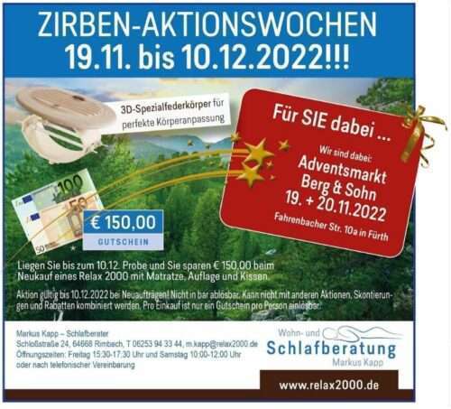 Zirbenaktion Relax 2000 November bis Dezember 2022 und Adventsmarkt in Fürth im Odenwald