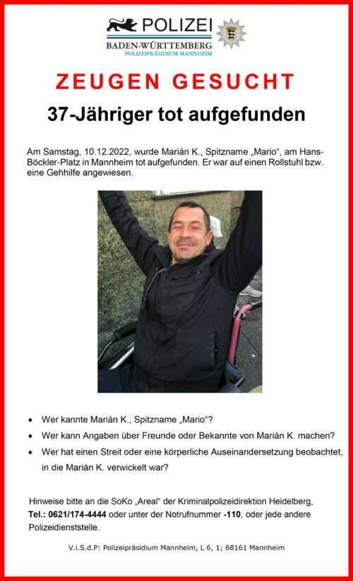Mannheim: 37 Jahre alter Mann tot aufgefunden - Verdacht eines Tötungsdelikts
