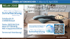 Betten- und Matratzen von Relax2000 - 150 € Gutschein - ZIRBEN-AKTIONSWOCHEN 21.3. bis 12.4. 2026