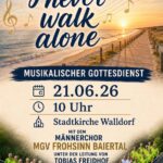 Am Sonntag den 21.06.26 umrahmt der MGV Frohsinn Baiertal unter der Leitung von Tobias Freidhof den Gottesdienst in der Stadtkirche in Walldorf. Der Beginn ist um 10:00 Uhr. Es ist nicht der erste Auftritt dieser Art und es war immer etwas ganz Besonderes, in einer Kirche zu singen, daher ließ der Chor sich nicht lange bitten, erneut mitzugestalten.
