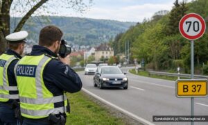 Symbolbild einer Polizeikontrolle zur Geschwindigkeit auf der B37 zwischen Heidelberg-Schlierbach und Neckargemünd.