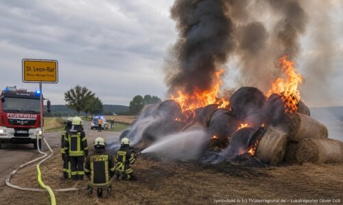 Symbolbild zu einem Heuballenbrand auf einem Feld bei St. Leon-Rot mit Feuerwehr im Einsatz und starker Rauchentwicklung.