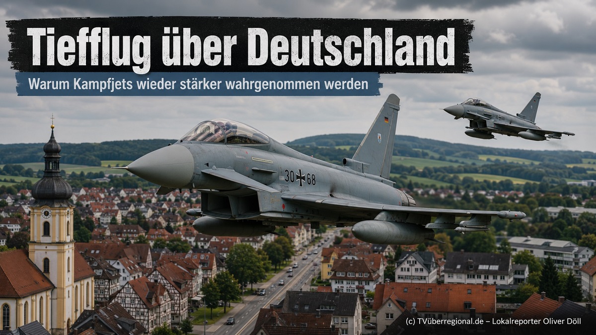 Symbolbild mit Bundeswehr-Kampfjets im Tiefflug über einer deutschen Ortschaft. Symbolbild mit Bundeswehr-Kampfjets im Tiefflug über einer deutschen Ortschaft.