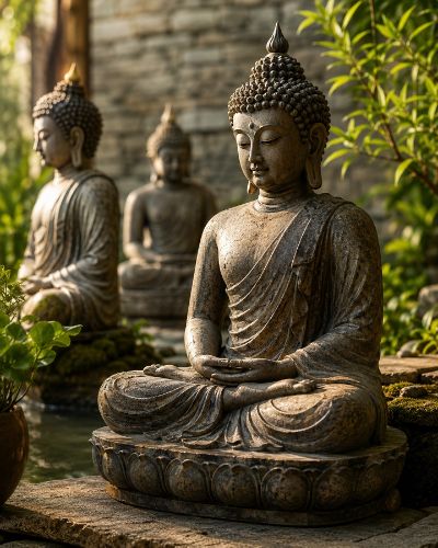 Buddha-Statuen mit unterschiedlichen Blickrichtungen in einem ruhigen Garten
