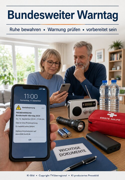 Bundesweiter Warntag 2026: Smartphone mit Warnmeldung und Sirene