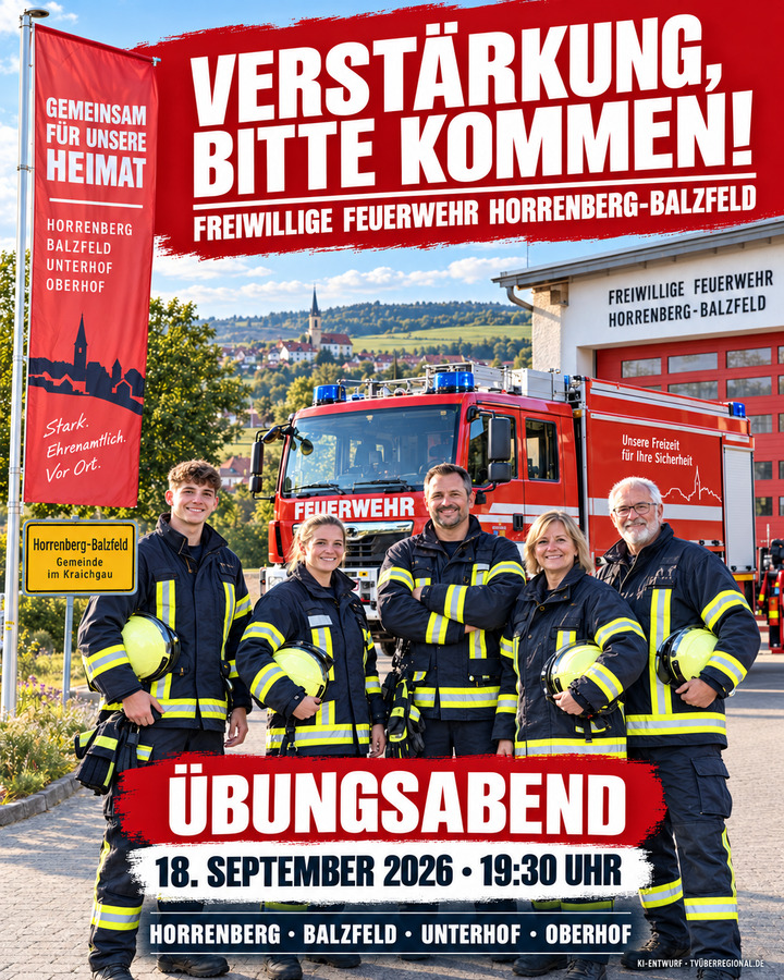 Feuerwehrleute vor einem Einsatzfahrzeug werben um Verstärkung für Horrenberg-Balzfeld