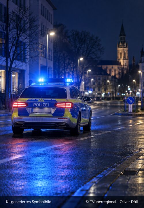 KI-generiertes Symbolbild: Polizeifahrzeug mit Blaulicht bei Nacht