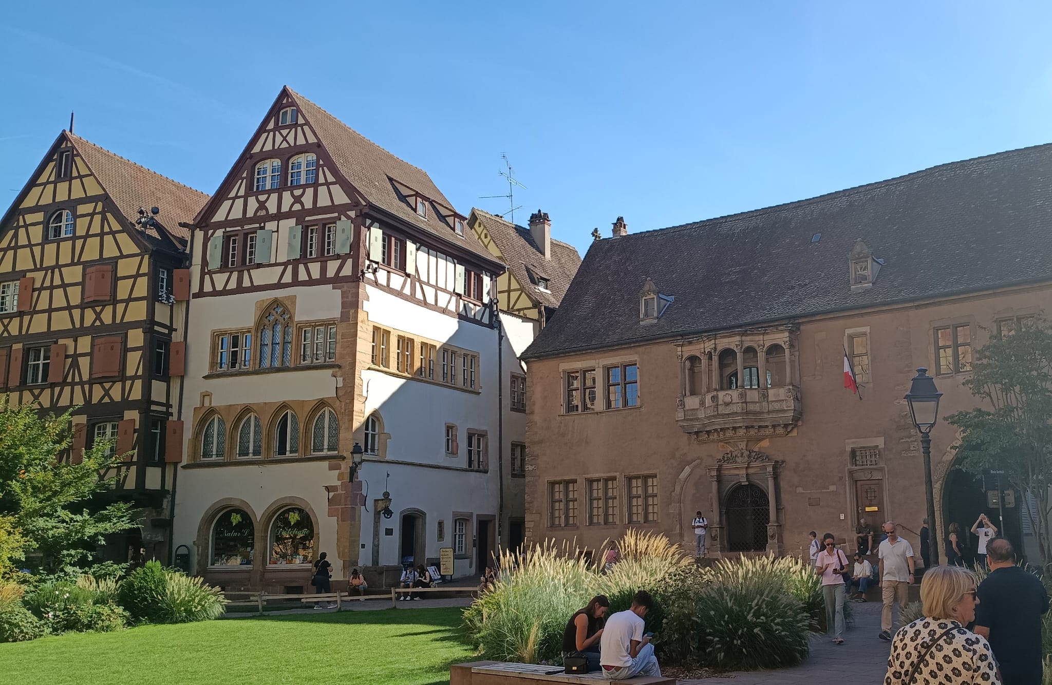 Fachwerkhäuser und ein grüner Platz, Colmar im Elsass. Foto von Thorsten Krings.