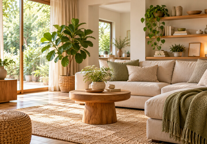 Helles, aufgeräumtes Wohnzimmer mit Pflanzen und natürlichen Materialien als Symbol für Feng Shui und Wohlbefinden