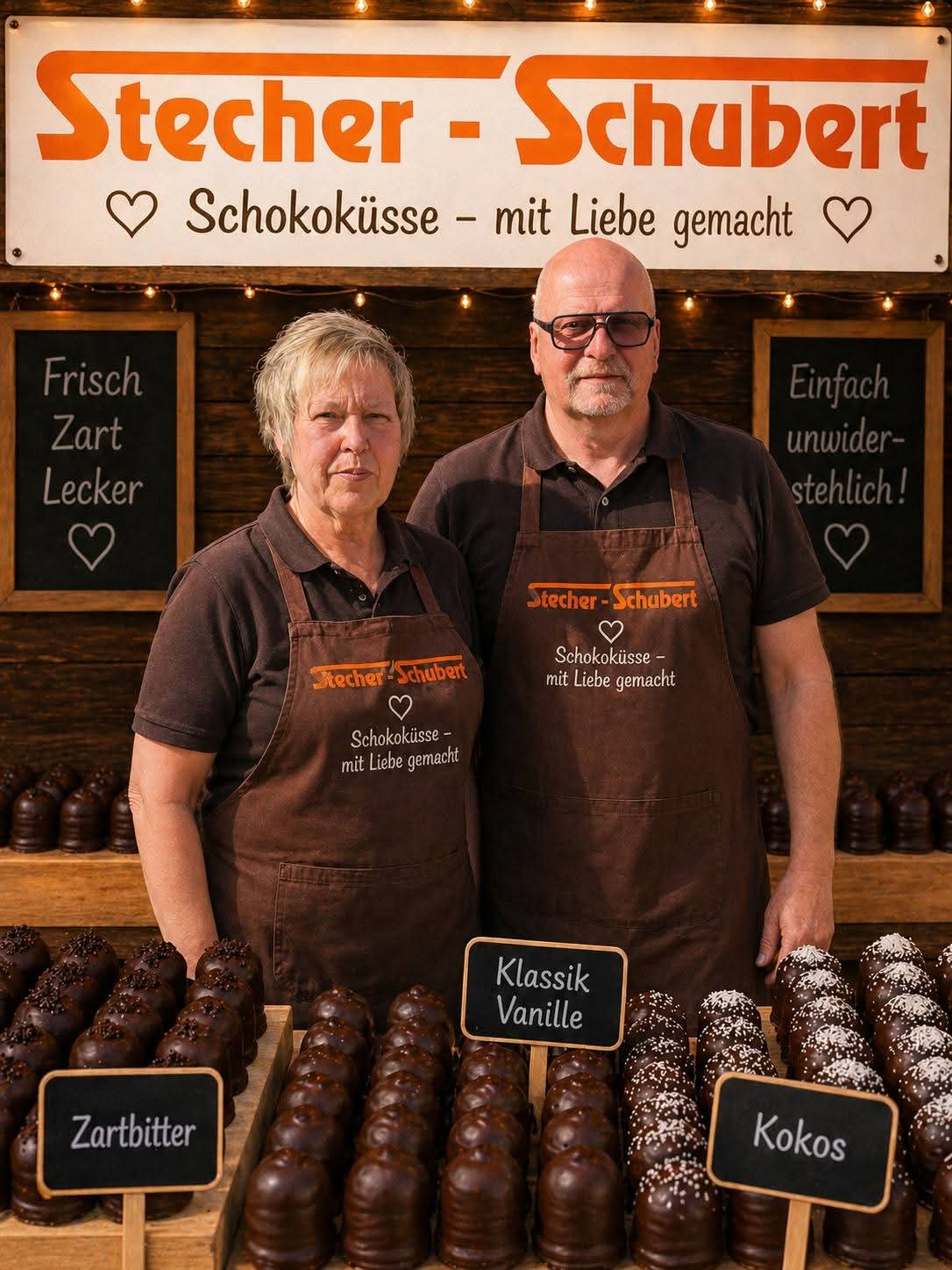 Norbert und Ingrid Stecher-Schubert vor ihrem Schokokuss-Stand in Walldorf