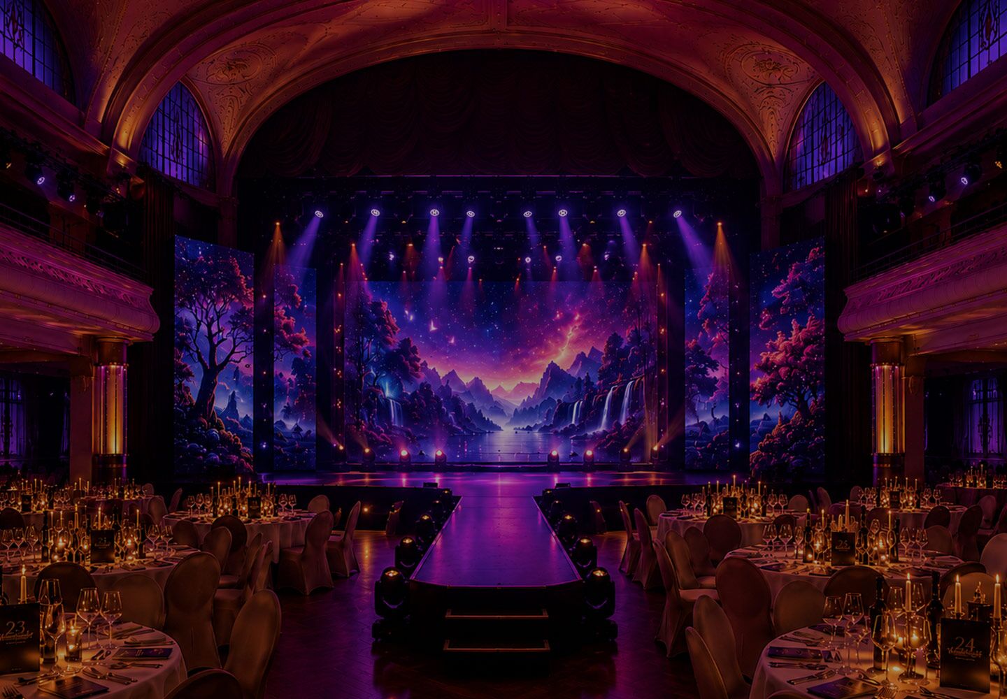 WinterVarieté 2026/27 – Visualisierung der Showbühne und Dinner-Tische in der Festhalle Leimen